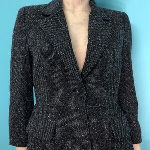 90s Y2K Daisy Fuentes Black/White Woven 1 Button Cropped Sleeve Blazer Jacket~8